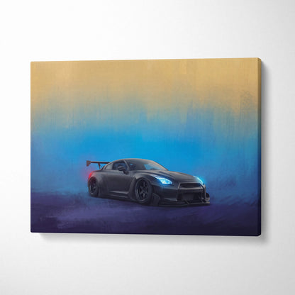 Nissan gt-r r35 inspired canvas art featuring a black matte supercar with glowing blue headlights and red taillight accents