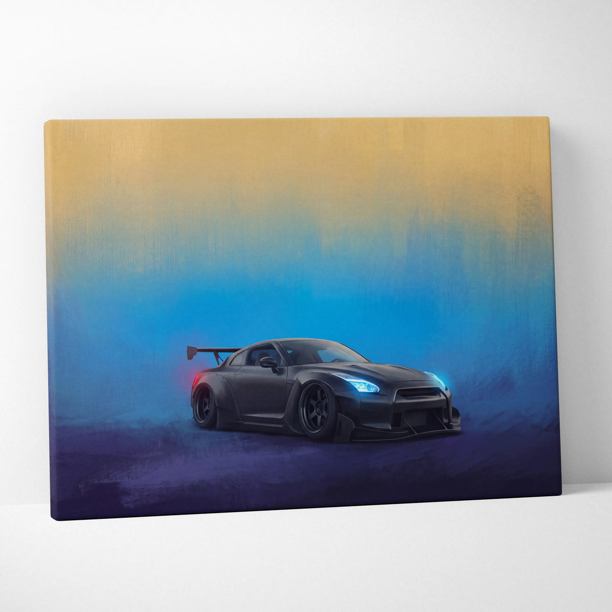 Black nissan gt-r r35 inspired canvas art with glowing blue headlights and red taillight on matte black wall decor