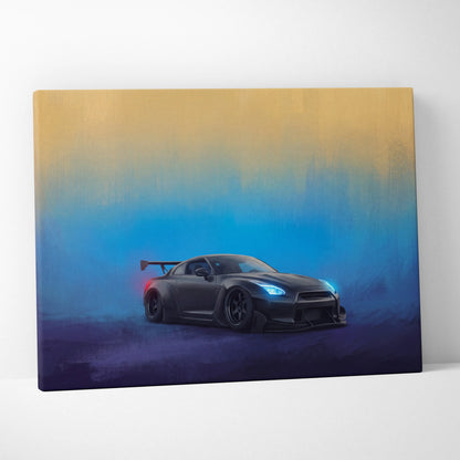 Black nissan gt-r r35 inspired canvas art with glowing blue headlights and red taillight on matte black wall decor