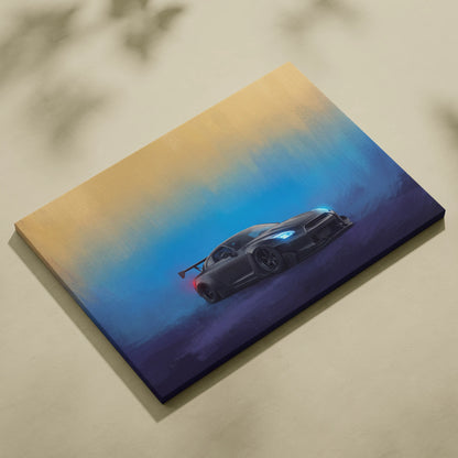 Black nissan gt-r r35 matte canvas print with glowing blue headlights and red taillights against yellow to blue sky