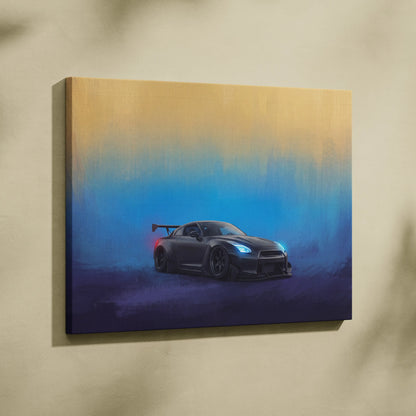 Nissan gt-r r35 inspired matte black supercar canvas art with glowing blue headlights and red taillight against gradient sky