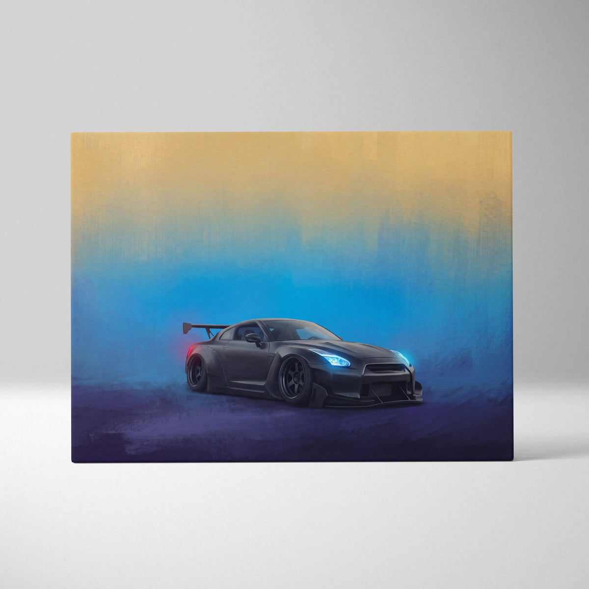 Nissan GT-R R35 inspired matte black canvas art featuring a black sports car with glowing blue headlights and rear spoiler
