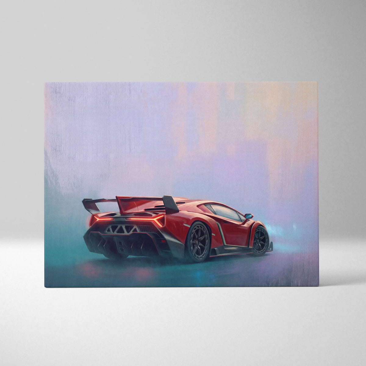 Red lamborghini veneno inspired automotive wall art featuring a stylized glowing sports car in mist on luxury canvas print