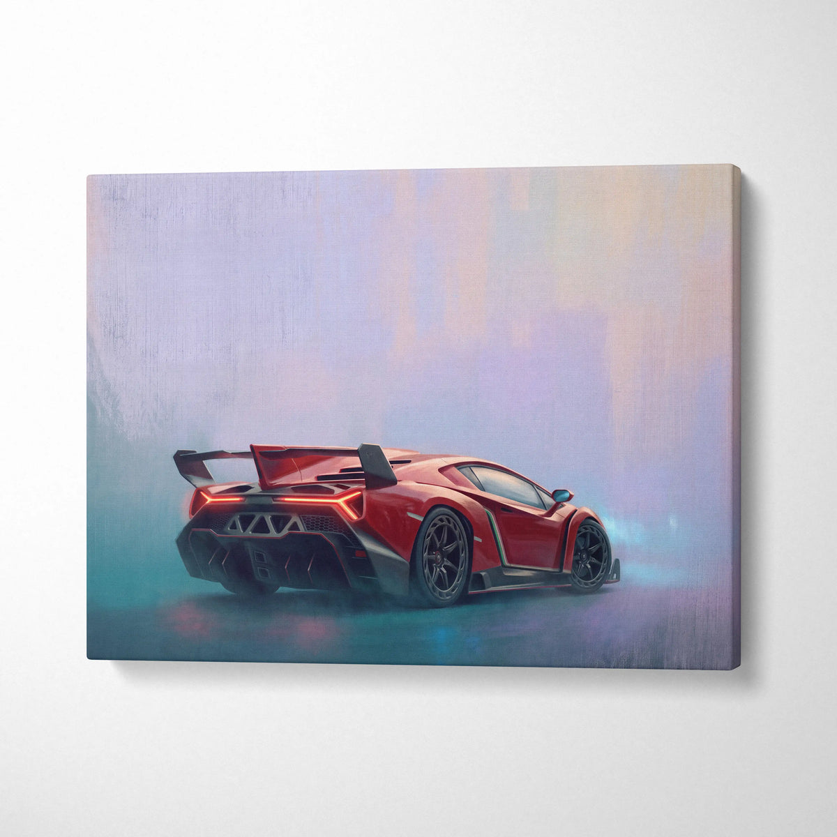 Lamborghini Veneno inspired red sports car canvas print featuring sleek aerodynamic design and glowing taillights