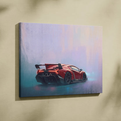 Red lamborghini veneno inspired sports car canvas print with glowing red taillights and black racing stripes wall art