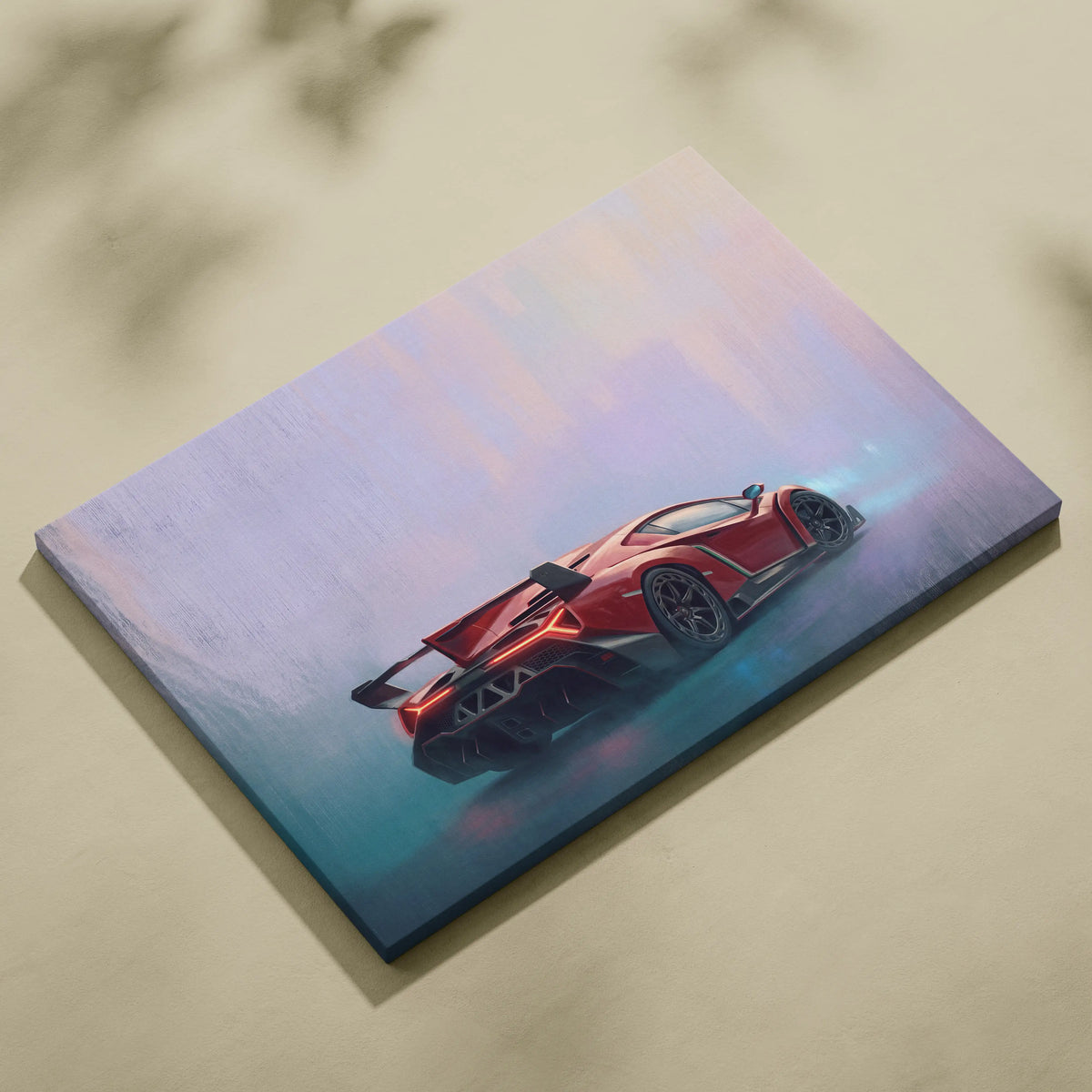 Red lamborghini veneno sports car canvas print with glowing blue and purple accents luxury supercar wall art