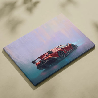 Red lamborghini veneno sports car canvas print with glowing blue and purple accents luxury supercar wall art