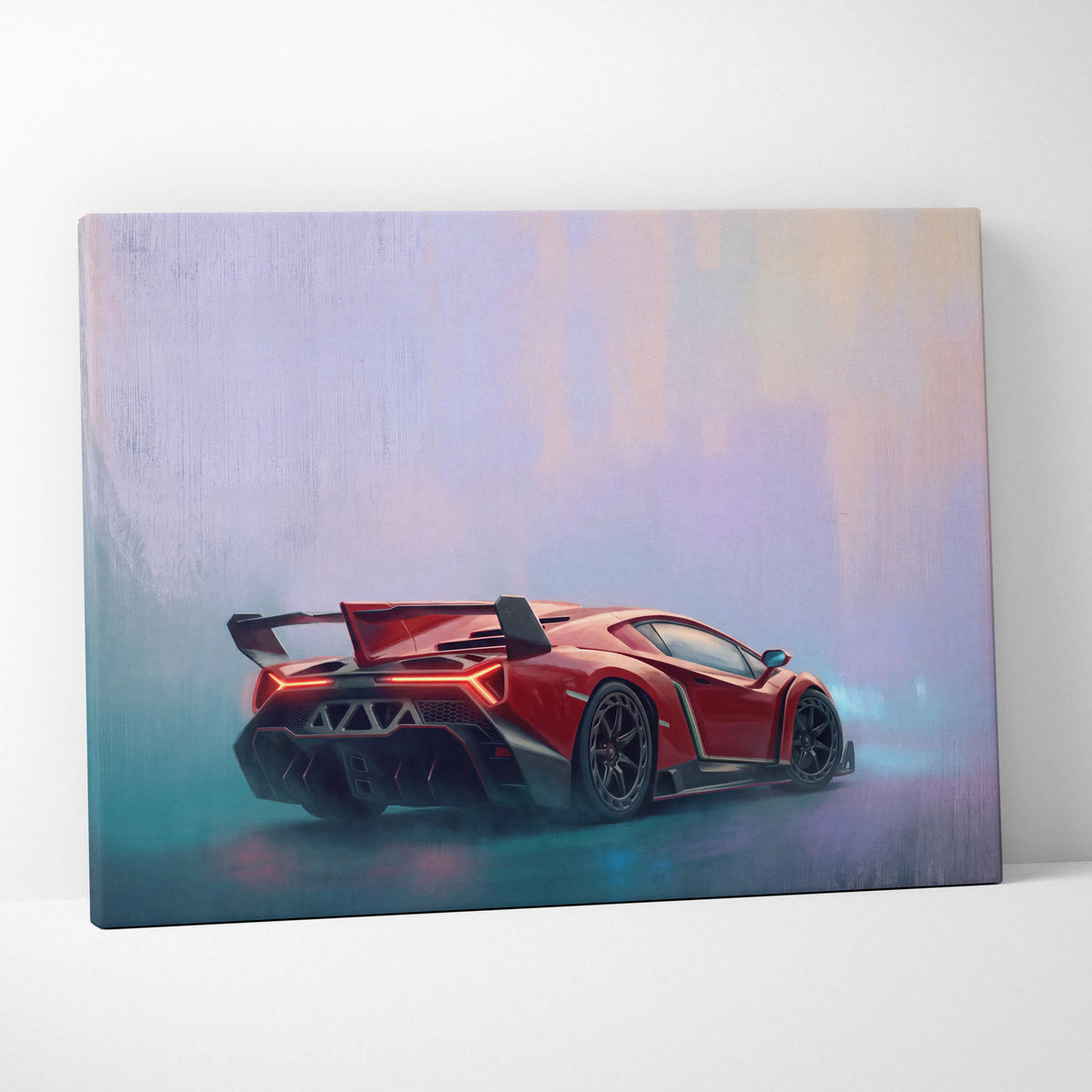 Red Lamborghini Veneno sports car depicted in a stylized painterly canvas print luxury supercar wall art