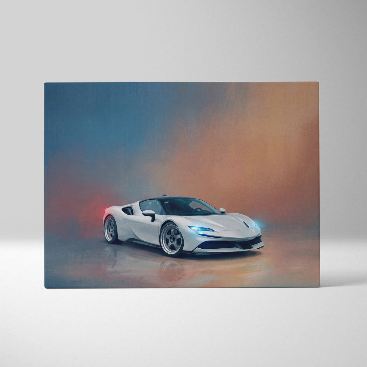 White ferrari sf90 stradale inspired canvas painting print featuring a sleek aerodynamic design with glowing blue headlights