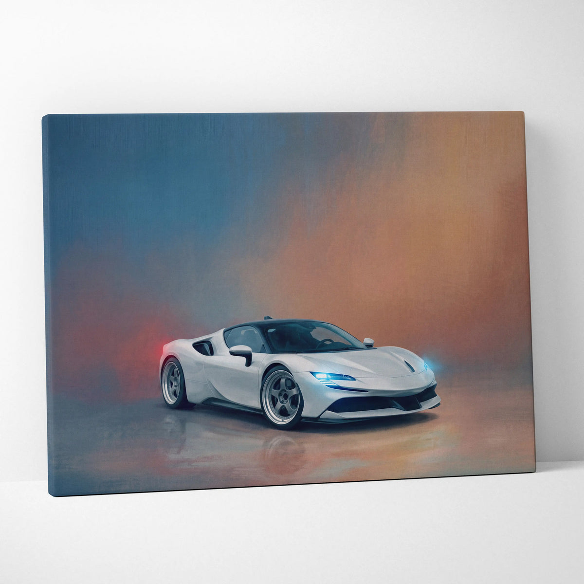 White ferrari sf90 stradale sports car canvas print with glowing blue headlights and sleek aerodynamic design