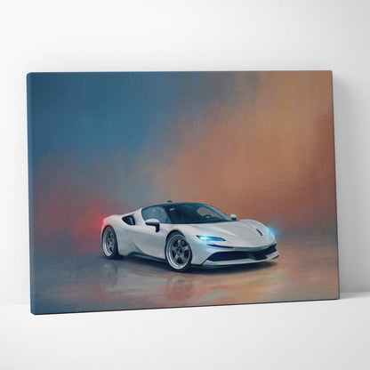 White ferrari sf90 stradale sports car canvas print with glowing blue headlights and sleek aerodynamic design