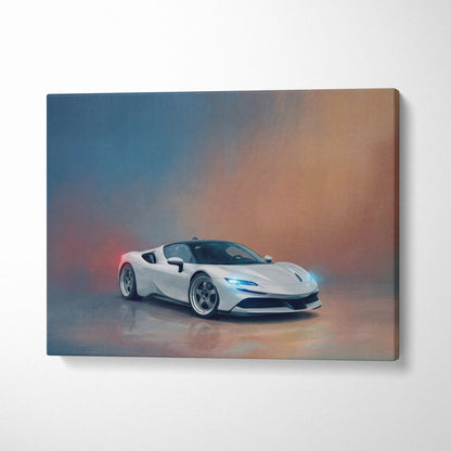 White ferrari sf90 stradale inspired sports car canvas print with glowing blue headlights and gradient background