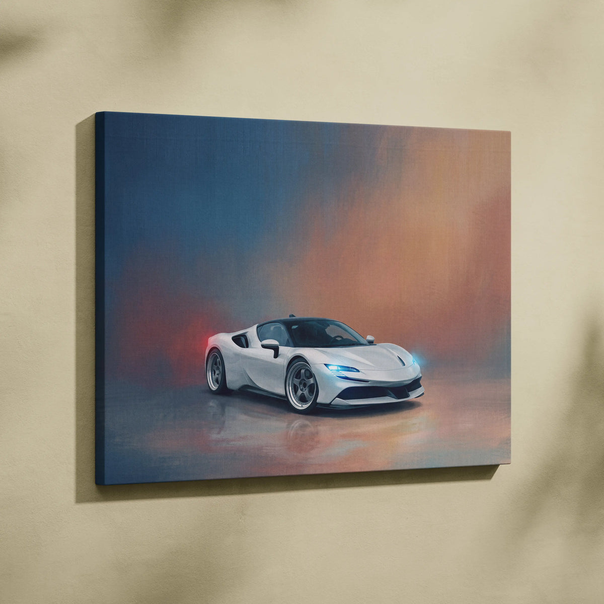 Ferrari sf90 stradale inspired white sports car wall art canvas painting with sleek design and glowing blue headlights