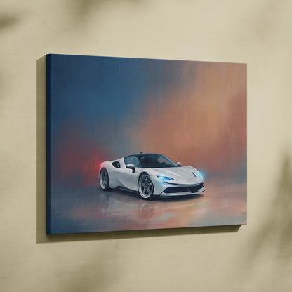 Ferrari sf90 stradale inspired white sports car wall art canvas painting with sleek design and glowing blue headlights