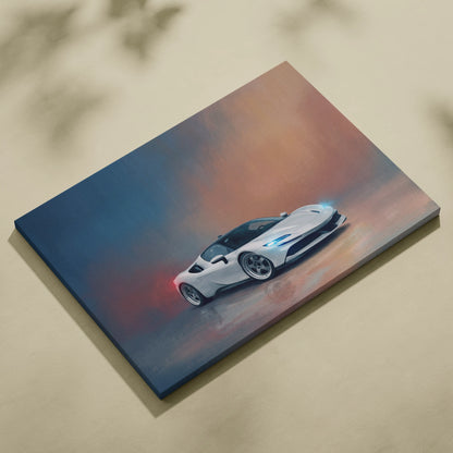 White sports car canvas painting print featuring sleek aerodynamic design and glowing blue headlights against gradient sky