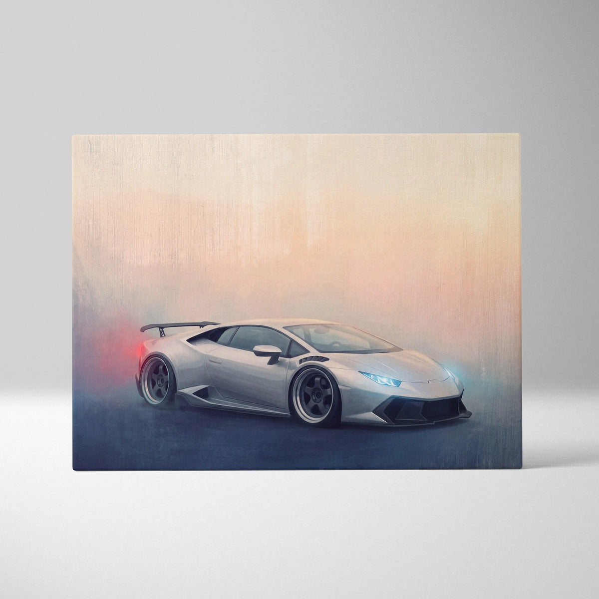 Lamborghini Huracán inspired silver sports car wall art with smoky effects glowing blue headlights and red exhaust flames