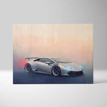 Lamborghini Huracán inspired silver sports car wall art with smoky effects glowing blue headlights and red exhaust flames
