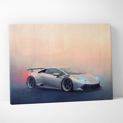 Silver Lamborghini Huracán inspired canvas print featuring sleek aerodynamic design with glowing headlights and red exhaust smoke