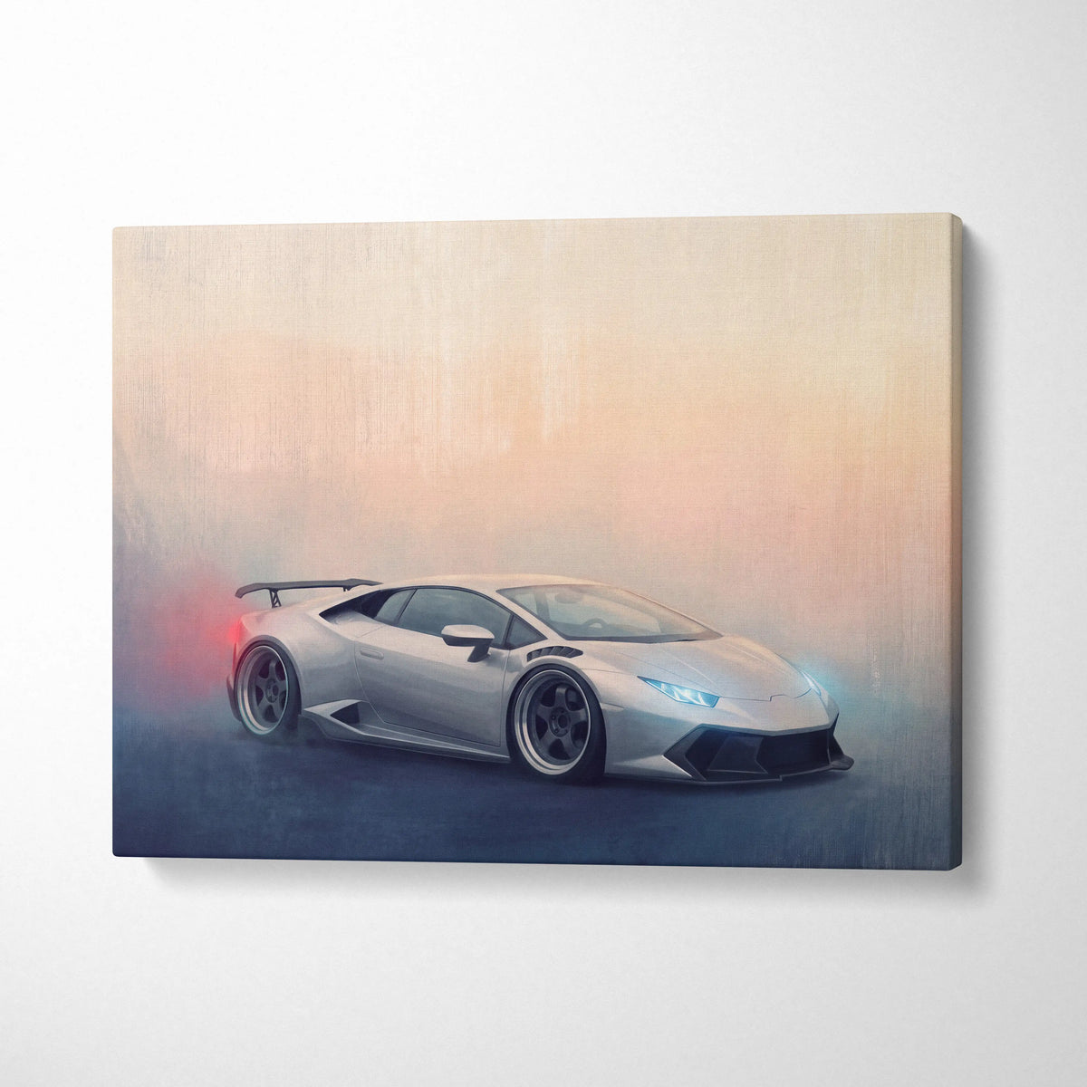 Silver Lamborghini Huracán inspired canvas print featuring a dynamic smoky scene with glowing headlights and red exhaust smoke