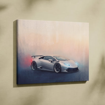 Silver Lamborghini Huracán sports car painting on canvas luxury supercar wall art automotive decor