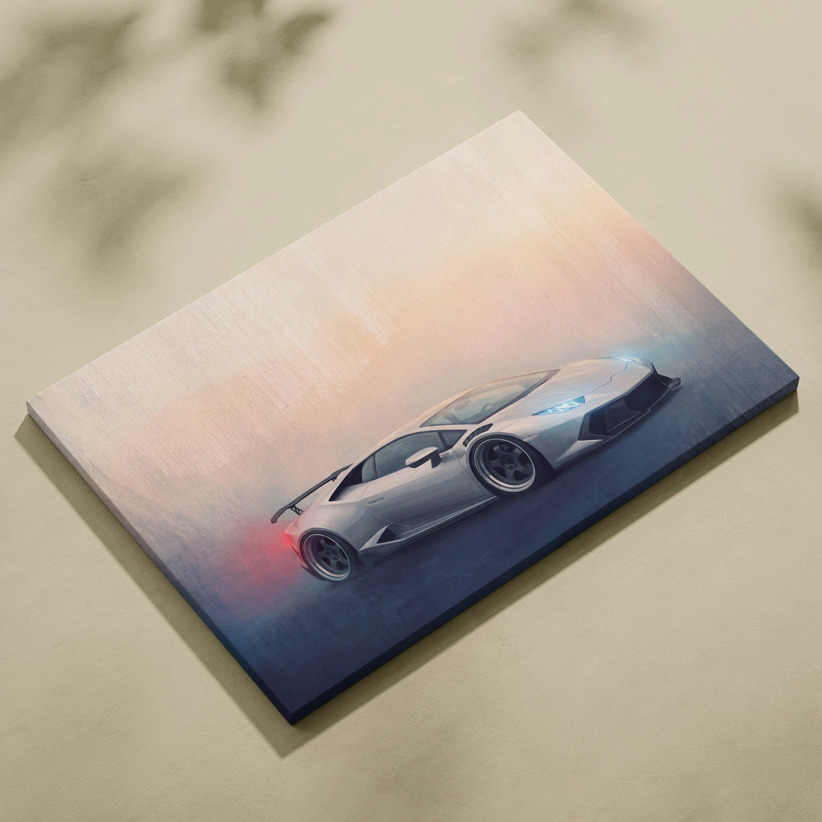 Silver lamborghini huracán inspired luxury sports car canvas print with glowing blue headlights and red taillights