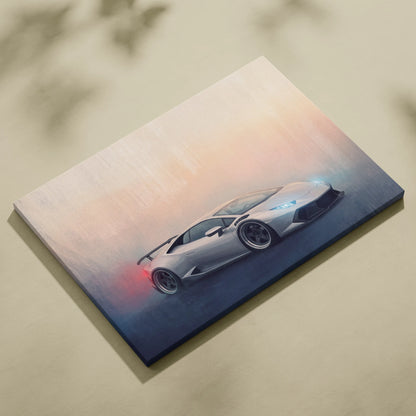 Silver lamborghini huracán inspired luxury sports car canvas print with glowing blue headlights and red taillights