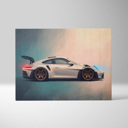 White porsche 911 gt3 rs sports car canvas print with gold rims and black racing stripes track edition wall art