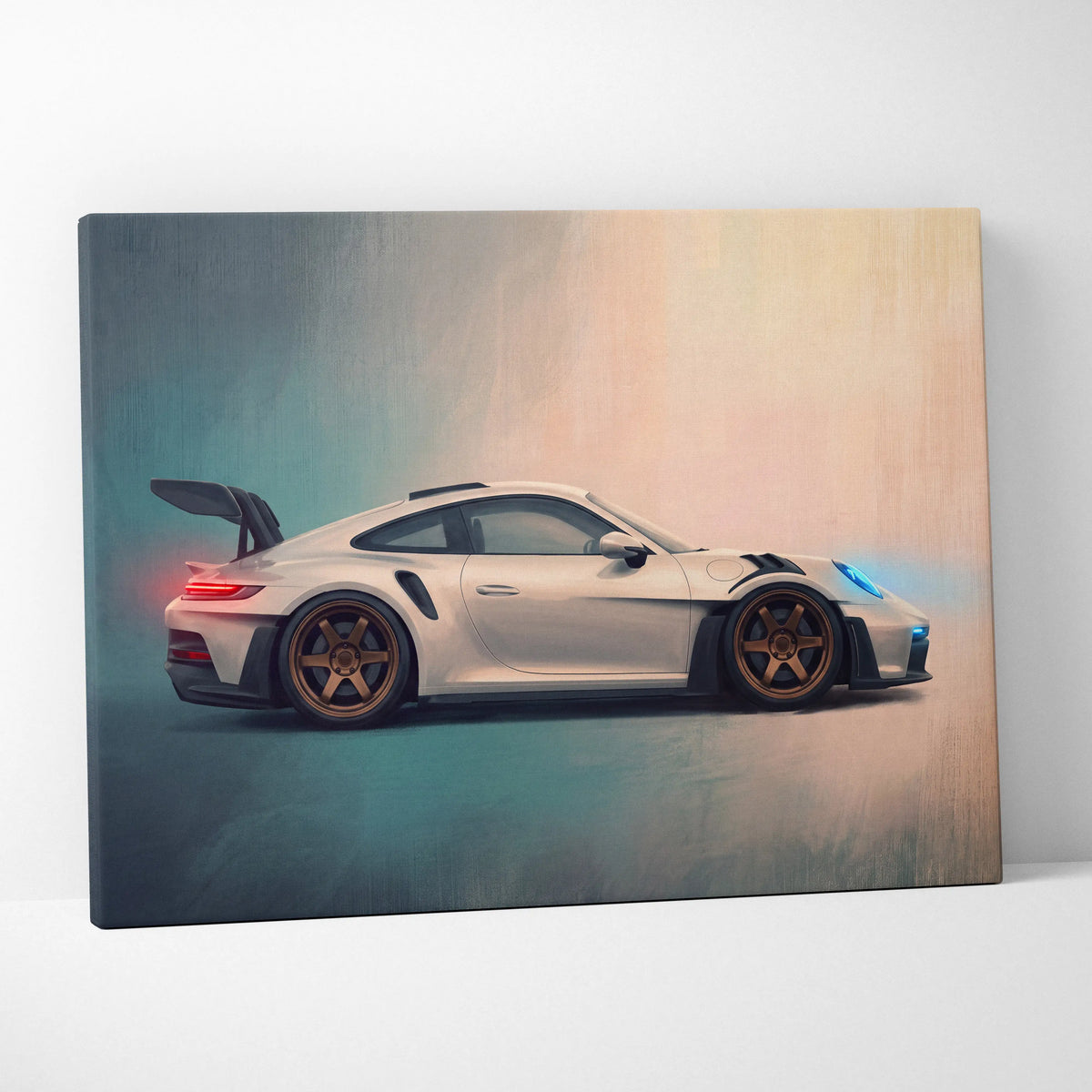White porsche 911 gt3 canvas print with gold rims and red and blue glowing accents for wall art decor