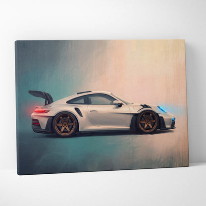 White porsche 911 gt3 canvas print with gold rims and red and blue glowing accents for wall art decor