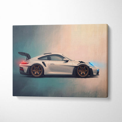 White Porsche 911 GT3 RS canvas print with gold rims and glowing blue and red accents track edition wall art