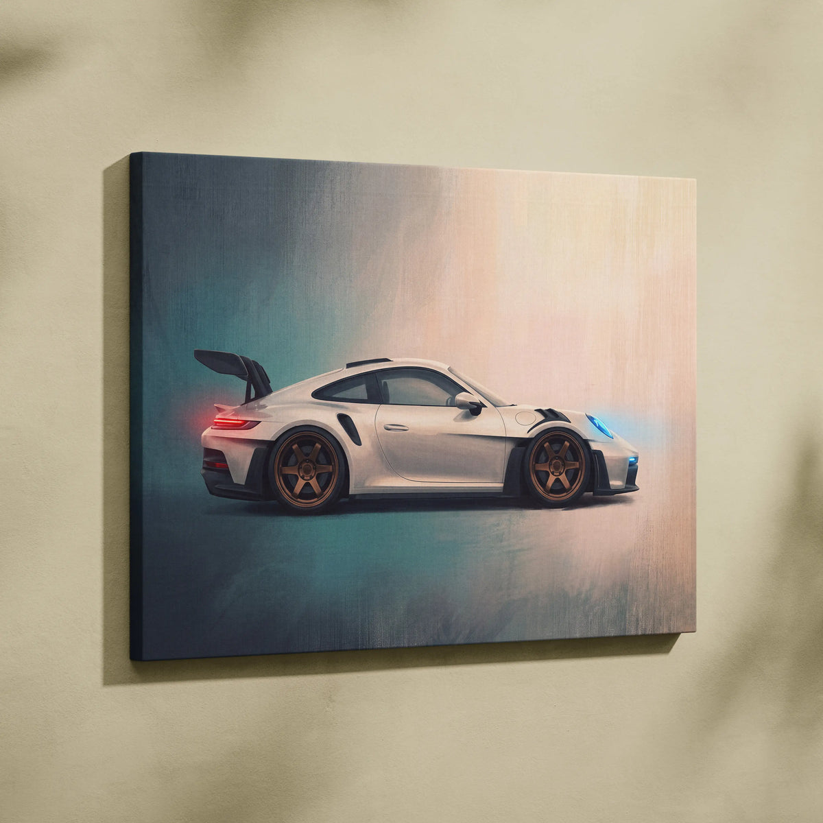 White Porsche 911 GT3 canvas print with glowing red and blue headlight accents track edition car wall art