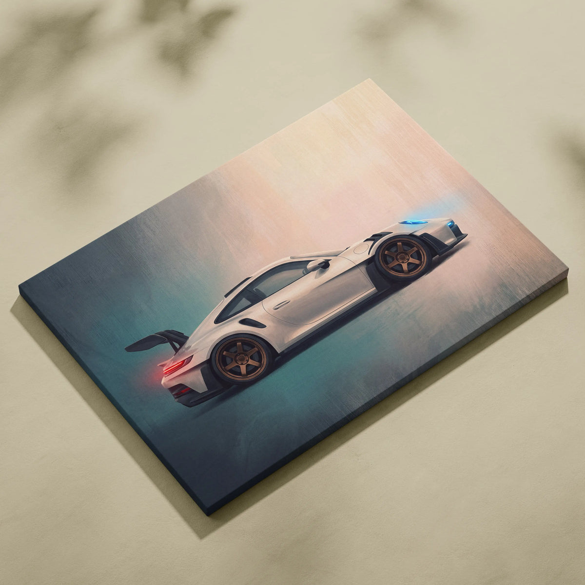 White Porsche 911 GT3 inspired canvas print with glowing blue and red headlight and taillight accents for wall art