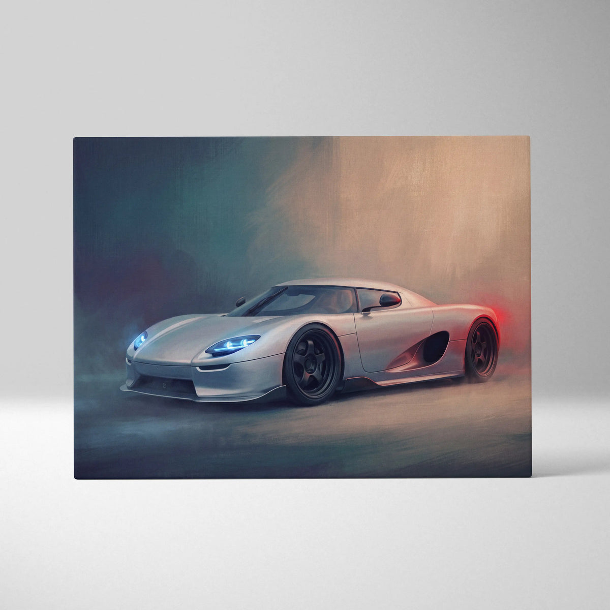 Silver koenigsegg cc850 inspired hypercar canvas art featuring dynamic smoky artistic rendering for custom wall decor