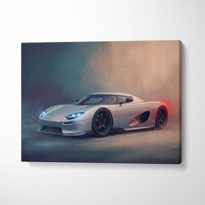 Silver koenigsegg cc850 inspired hypercar canvas art print with glowing blue headlights and red exhaust glow wall decor