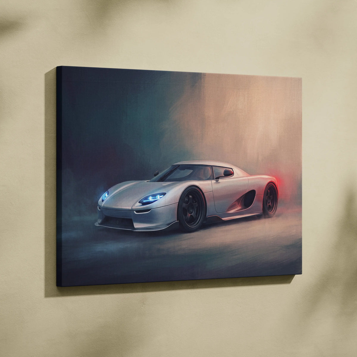 Silver Koenigsegg CC850 inspired hypercar canvas art with glowing blue headlights and red taillights on smoky background