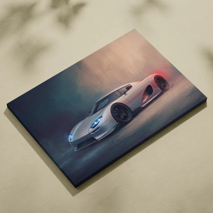 Koenigsegg CC850 inspired silver sports car canvas art with glowing blue headlights and red taillight in motion