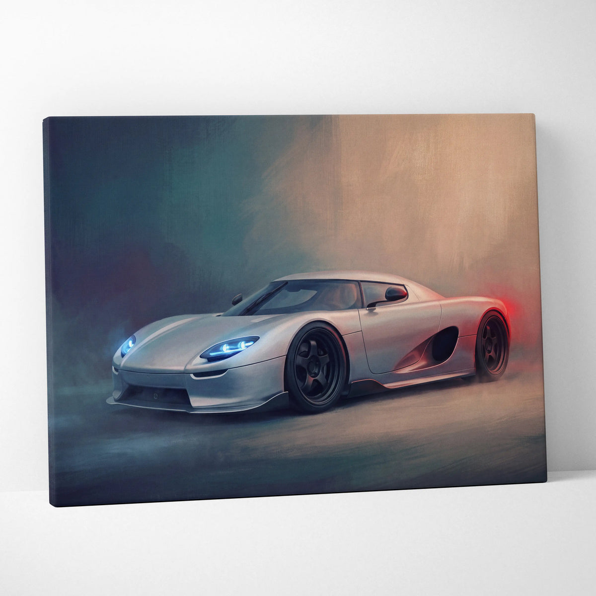 Silver Koenigsegg CC850 inspired supercar canvas art with glowing blue headlights and red taillights on smoky background