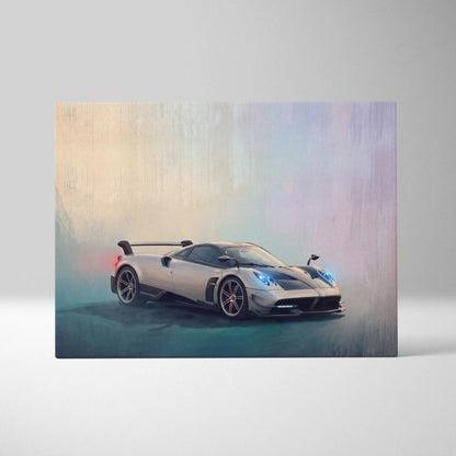 Pagani huayra bc inspired car wall art featuring a silver hypercar with glowing blue headlights on canvas print
