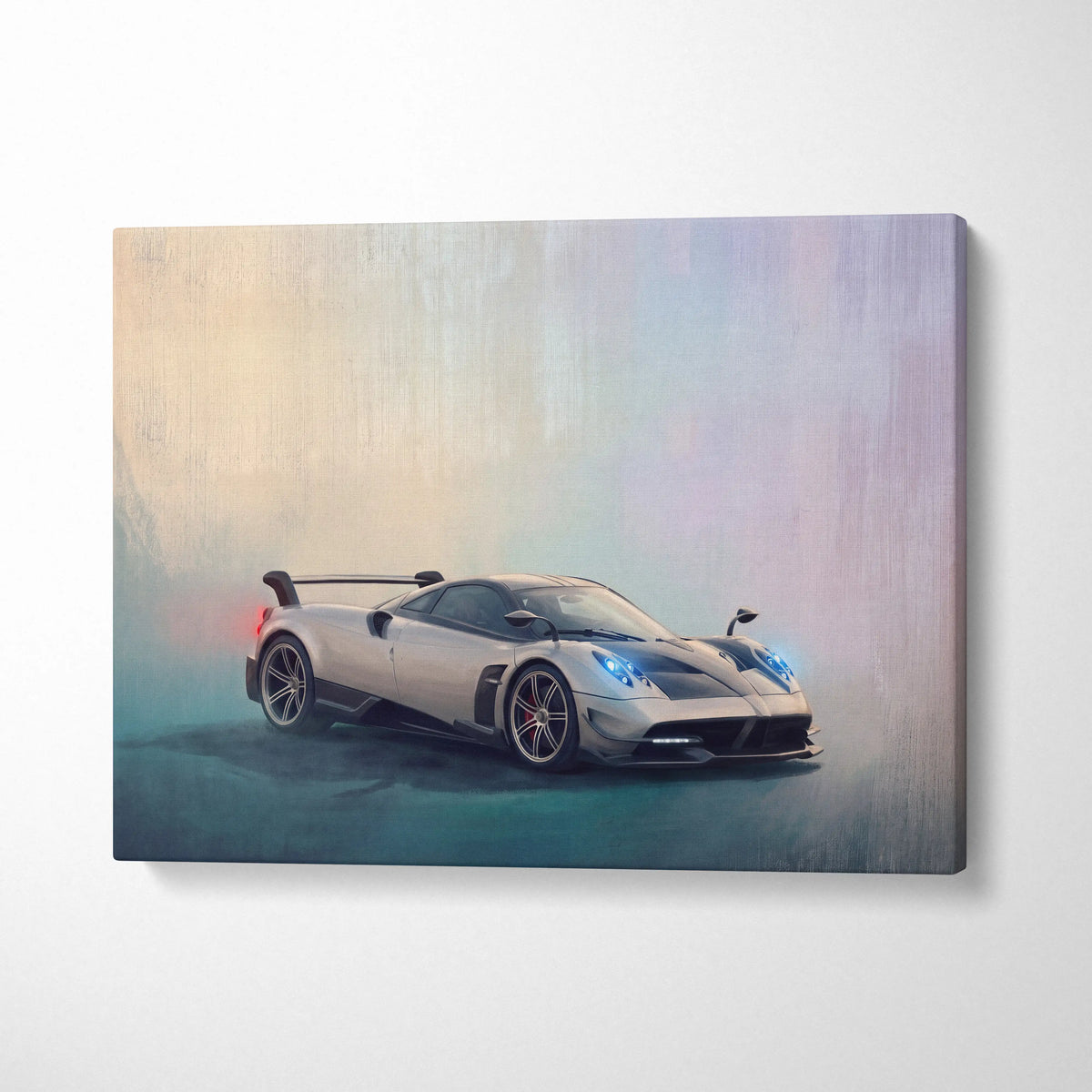 Silver Pagani Huayra BC sports car in stylized canvas painting print for track edition wall art decor