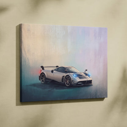 Silver pagani huayra bc sports car canvas print with glowing blue headlights and black rear spoiler track edition wall art