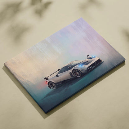 Pagani huayra bc inspired sports car canvas print with silver body blue headlights and red taillights in motion blur