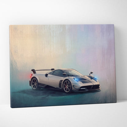 Silver Pagani Huayra BC inspired sports car canvas print with glowing blue headlights in sleek aerodynamic design