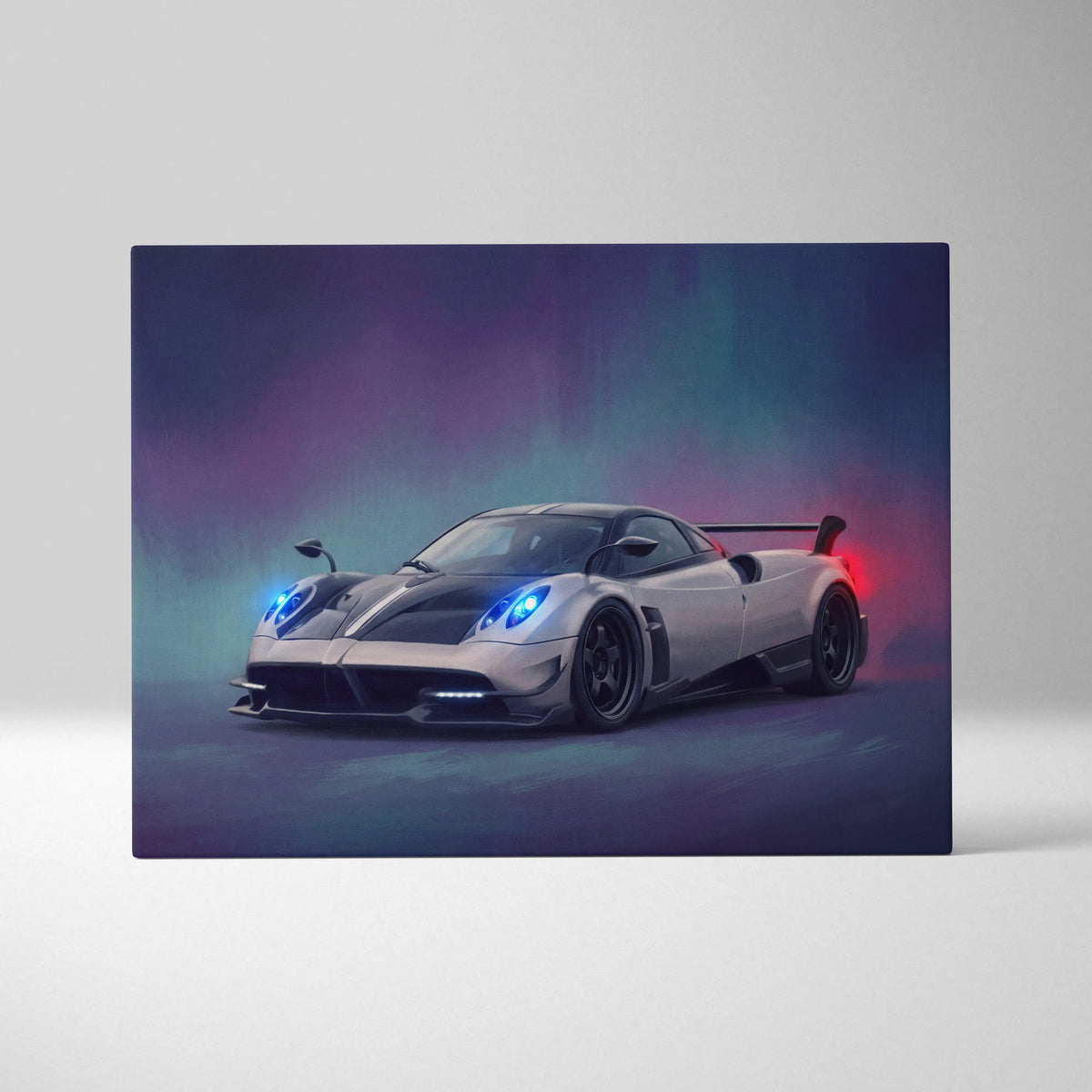 Pagani huayra bc inspired automotive wall art featuring a sleek silver and black sports car with glowing blue headlights