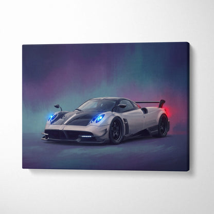 Pagani Huayra BC inspired automotive wall art featuring sleek silver and black sports car with glowing blue headlights and red taillight accent
