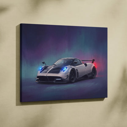 A sleek silver and black Pagani Huayra BC sports car canvas print with glowing blue headlights and red taillight accent
