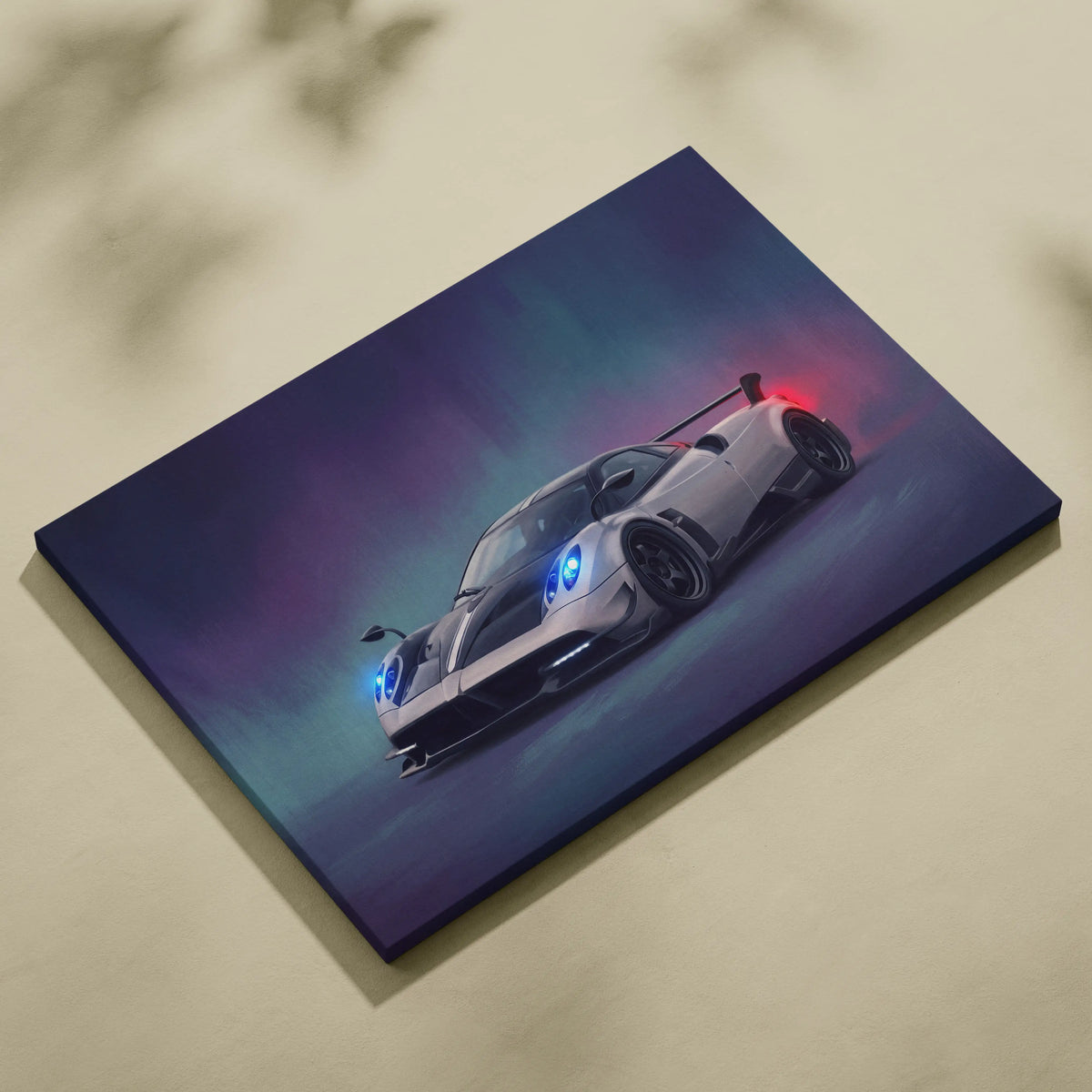 A sleek white pagani huayra bc inspired hypercar on stretched canvas with glowing blue and red accents wall art