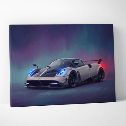 Pagani Huayra BC inspired luxury supercar canvas print featuring sleek silver and black car with blue headlights and red taillight accents
