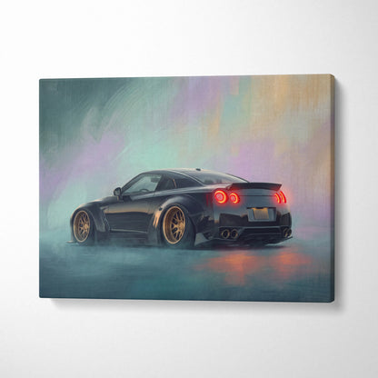 Black nissan gt-r canvas print with gold rims and glowing red taillights against a colorful mist backdrop for modern decor