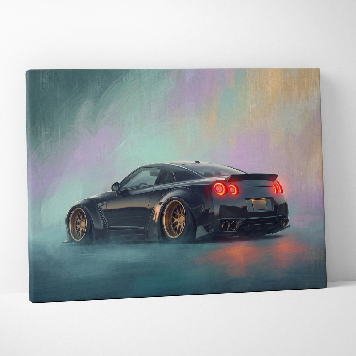 Nissan R35 GT-R inspired automotive canvas print with black car, gold rims, red taillights, and colorful mist backdrop