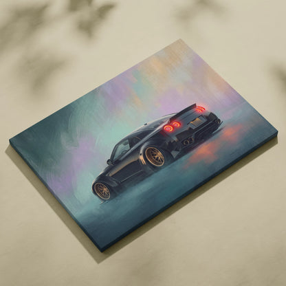 Black Nissan R35 GT-R canvas print with glowing red taillights and gold rims on iridescent background wall art